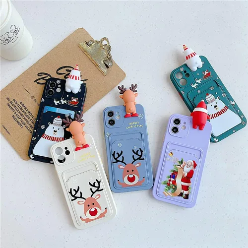 Vista 7 de Yatchen Funda de Navidad para iPhone 7/8/SE2, bonito diseño de dibujos animados 3D de Papá Noel con ranura para tarjetas, funda protectora ultra