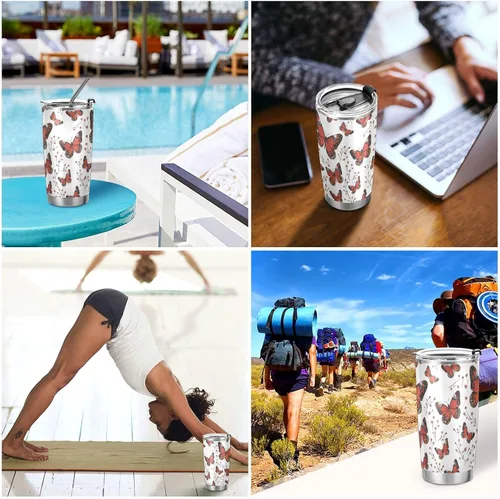 Vista 7 de Taza de café de acero inoxidable con diseño de mariposa roja, tapa a prueba de fugas y pajita para agua, té helado o café, vaso aislado al vacío