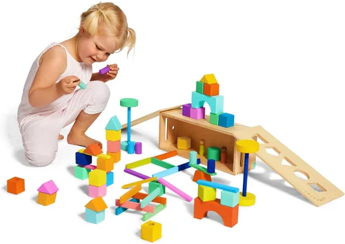 Vista 13 de LOVEVERY El Juego de Bloques Bloques de Construcción de Madera Maciza y Formas + Caja de Almacenamiento de Madera, 70 Piezas, 18 Colores, Más