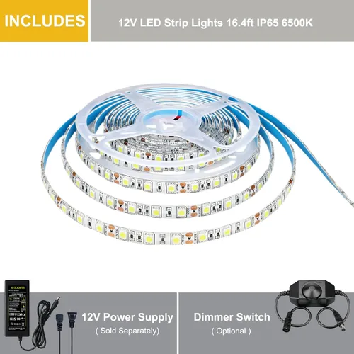 Vista 6 de JOYLIT Tira de luces LED blancas de 12 V, 6000-6500 K, 16.4 pies, SMD5050, 300 LED, regulable, impermeable, cortable, flexible, para dormitorio