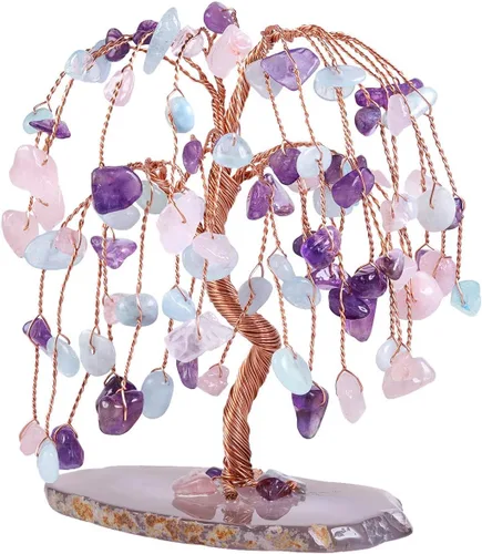 Vista 12 de TUMBEELLUWA Árbol de dinero de cristal curativo con rodajas de ágata, pulido de piedras preciosas pulidas, árbol bonsái, Feng Shui, decoración