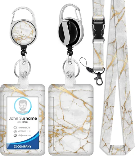 Vista 9 de Soporte para tarjetas de identificación con cordón y clip retráctil para carretes de insignias, cordón de mármol para identificación, protector