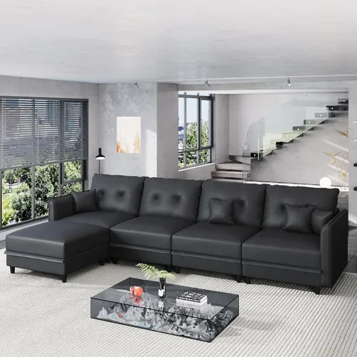Vista 12 de LLappuil Sofá cama modular en forma de U de 6 plazas con almacenamiento, asiento profundo de piel sintética para sala de estar, impermeable y Negro