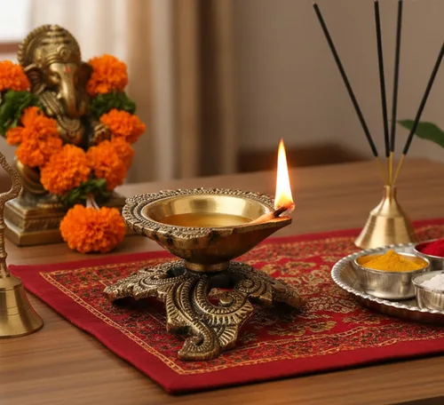 Vista 4 de Esplanade Aarti Diya de latón con mango de madera – Deepak tradicional para Pooja, templo, lámpara de aceite Diwali, Navratri Diya, Dhoop Dani