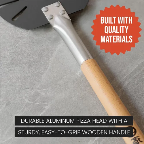 Vista 7 de Chef Pomodoro Pala giratoria de aluminio para pizza con mango de madera para un fácil almacenamiento, espátula perforada para pizza, paleta gourmet