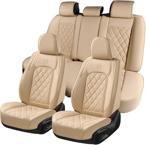 Vista 19 de Coverado Fundas de Asientos Delanteros, Funda de Asiento de Cuero Sintético de Lujo Impermeable, Protector de Asiento de Coche Beige, Funda