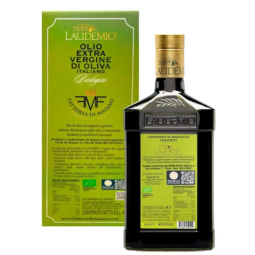 Vista 2 de Sanniti Laudemio Aceite de oliva virgen extra orgánico Fattoria di Maiano, ganador del premio de oro en la competencia mundial de aceite de oliva
