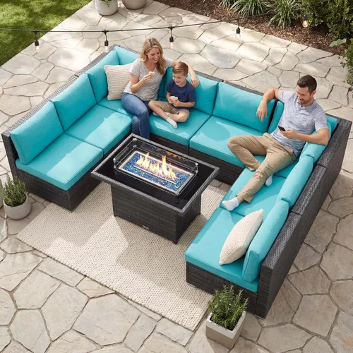 Vista 10 de NICESOUL Juego de muebles de patio de ratán extra grande con mesa para fogata de gas y propano, 29.3 pulgadas, respaldo alto, cómodos conversaciones