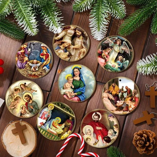 Vista 7 de Karenhi 40 piezas de adorno de Navidad religioso de madera colgante de madera retro vintage Natividad cristiana católica el nacimiento de Jesús