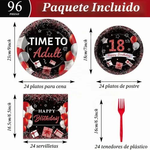 Vista 2 de gisgfim 96 piezas de suministros para fiesta de cumpleaños de 18 años, platos de papel, servilletas, hora de ser adulto, rojo y negro, juego