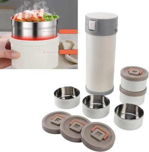 Vista 3 de Caja de acero inoxidable aislada, tarro de alimentos aislado de acero inoxidable de 5 capas apilable con correa a prueba de fugas para microondas