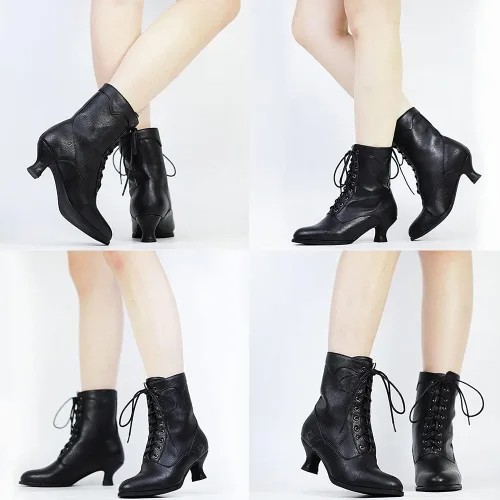 Vista 5 de SaraIris Womens Ankle Boots Mid Calf Boots Gothic Chunky Heel Lace Up Mesh Vintage Round Toe Knight Boots Witch Boots for Women