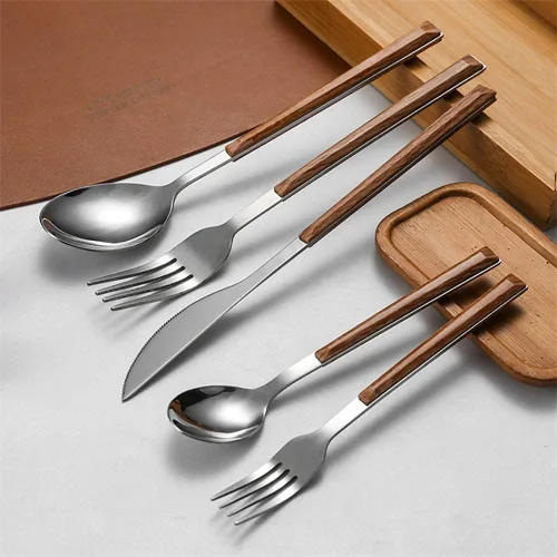 Vista 7 de Juego de cubiertos de madera para 6 cubiertos de acero inoxidable, mango de grano de madera, juego de cubiertos de 30 piezas, incluye cuchillos