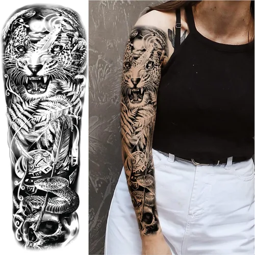 Vista 4 de Adhesivos de manga de tatuajes falsos de lobo león, brazo completo, dragón animal, tribal, mangas temporales de tatuaje para hombres, mujeres