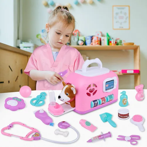 Vista 9 de Gifts2U Juego de jaula para el cuidado de mascotas, clínica veterinaria y kit de médico para niños con disfraz de disfraz, juguetes de aseo