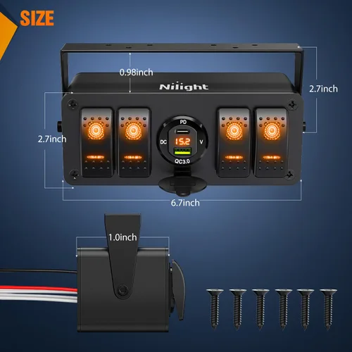Vista 6 de Nilight - Caja de interruptor basculante (4 cuadrillas, 12 V, SPST, encendido), color naranja Toggle Switches PD Type C and QC 3.0 USB Sockcet