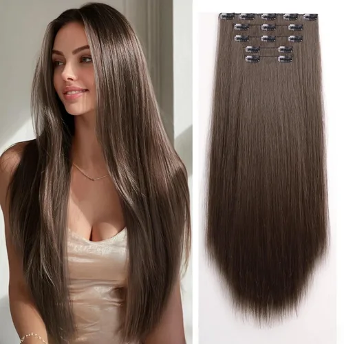 Vista 32 de Extensiones de cabello sintético con clip, color burdeos de 18 pulgadas de largo, invisibles, gruesas, extensiones de cabello lacio con clips, 5