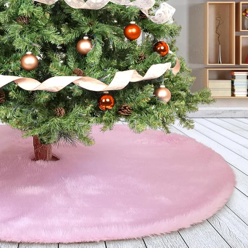 Vista 30 de Falda de Árbol de Navidad de 24 Pulgadas - Falda de Árbol de Piel Sintética Esponjosa Beige Blanca, Decoración Navideña de Felpa de Color Toka