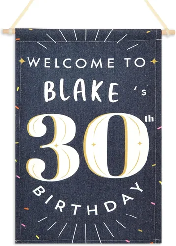 Vista 6 de Sparkle and Bash Letrero de bienvenida de 30 cumpleaños para él, tela de lona, 9.5 x 15.5 pulgadas, negro y blanco, cartel personalizable