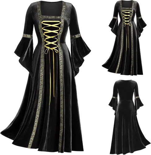 Vista 2 de Renaissance Court Regency Dress Womens Retro Square Neck Ribbon Lace-Up Flare Sleeve Maxi Dress Gothic Punk Dress