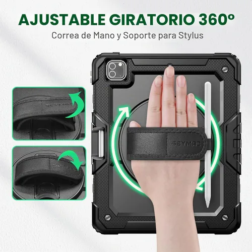 Vista 3 de SEYMAC Funda para iPad Pro 12.9 2022/2021/2020/2018, resistente protección a prueba de golpes con protector de pantalla, soporte giratorio de 360°