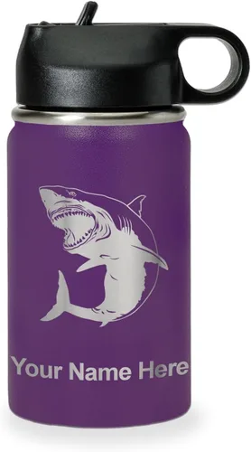Vista 36 de LaserGram Botella de agua personalizada, gran tiburón blanco, acero inoxidable de doble pared aislada al vacío con popote superior, regalo grabado