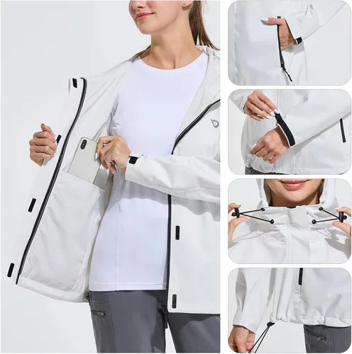 Vista 5 de BALEAF Chubasqueros impermeables para mujer, 10000 mmH2O, impermeable ligero, rompevientos con capucha para senderismo al aire libre, viajes
