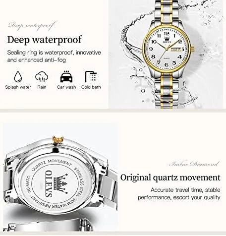Vista 6 de OLEVS Relojes para mujer oro plateado acero inoxidable impermeables analógicos grandes fáciles de leer y fecha