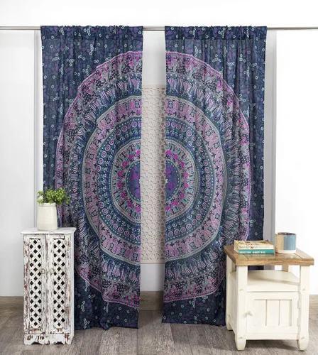 Vista 12 de Popular Handicrafts Cortinas hippie azul con mandala de camello de 100 pulgadas de largo para sala de estar o dormitorio, juego de 2 paneles