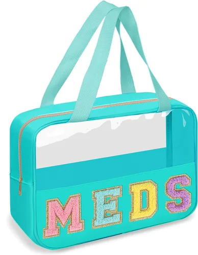 Vista 11 de Iqimott Bolsa de parche de felpilla con letras MEDS transparente, bolsa de maquillaje portátil de preparación para mujeres y niñas, viajes, bolsa