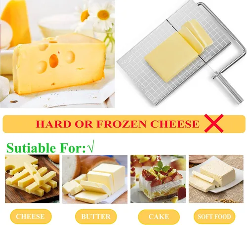 Vista 3 de Cortador de queso de acero inoxidable con 10 cables de repuesto, cortador de queso metálico y tabla de corte - Para queso de bloque