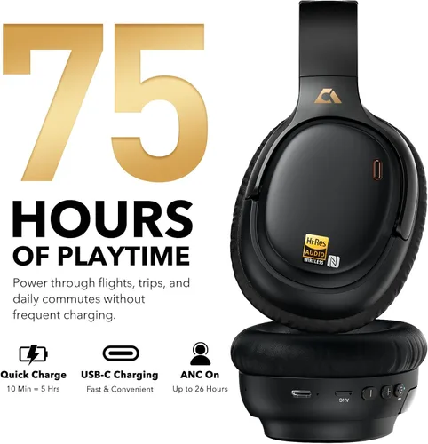 Vista 5 de 1Mii E700 Auriculares con cancelación de ruido Bluetooth inalámbrico LDAC Hi-Res, Negro Hybrid ANC, 75hr Battery Life, Deep Bass, Comfortable