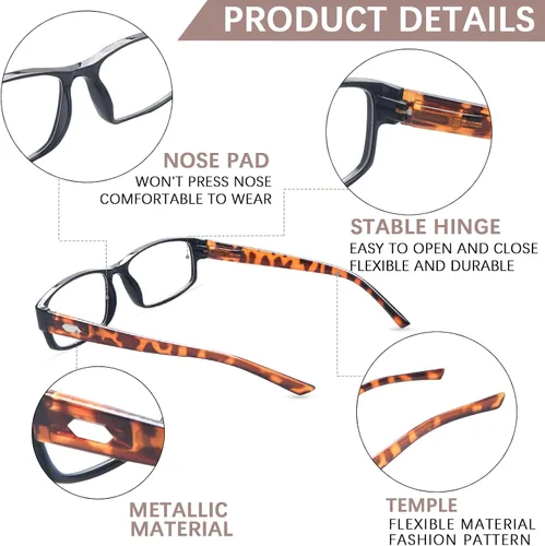 Vista 4 de Paquete de 6 lentes de lectura con bloqueo de luz azul, lectores de bisagra de resorte para mujeres y hombres, anteojos anti UV con 6 fundas de cuero