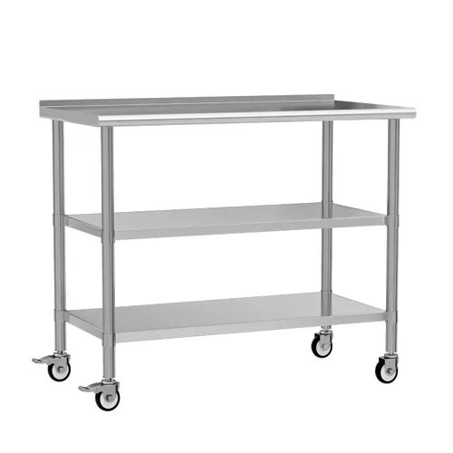 Vista 12 de Mesa de trabajo de acero inoxidable con ruedas, 24x24 pulgadas, mesa de preparación de alimentos NSF con salpicadero y estante inferior ajustable