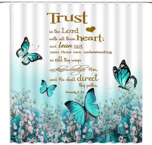 Vista 9 de GCTNBJL Cortina de ducha con cita inspiradora, diseño de mariposa y flores azules y verde azulado con texto en inglés "Trust in the Lord