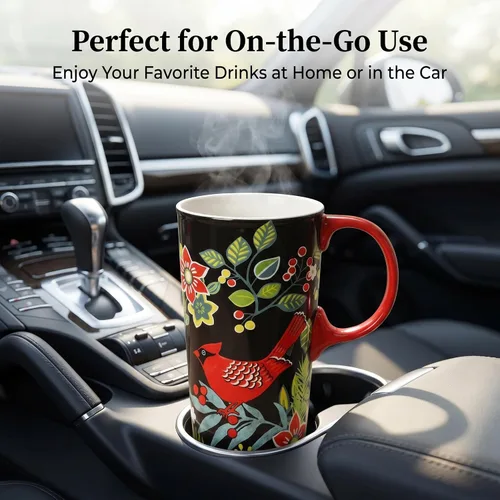 Vista 7 de Taza de viaje de cerámica de 17 onzas con tapa y caja de regalo, taza de café cardenal de arte popular, taza de té de porcelana de pájaro