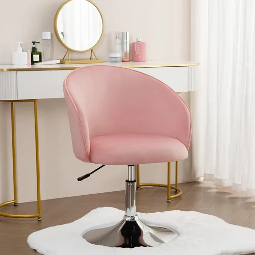 Vista 5 de Furnimart Silla de Tocador de Terciopelo con Marco de Cromo, Altura Ajustable y Giratoria, Rosa - Sala de Estar, Dormitorio, Oficina Terciopelo
