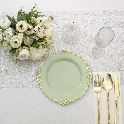 Vista 7 de Tableclothsfactory Paquete de 10 platos redondos de plástico barroco verde salvia/dorado de 8 pulgadas para ensalada de postre, vajilla desechable
