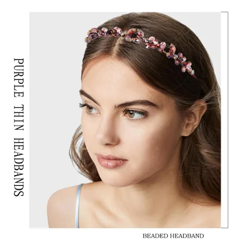 Vista 6 de Diademas barrocos de diamantes de imitación púrpura fina banda para el cabello con cuentas de cristal brillante para mujer (morado)