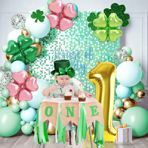 Vista 6 de Dripykiaa 5 globos dorados de 40 pulgadas para decoración de fiesta de primer cumpleaños, color rosa y verde, trébol de cuatro hojas, globos de Rosa