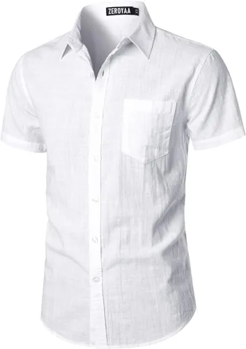 Vista 3 de ZEROYAA Camisas de manga corta con botones y algodón y lino para hombre, ligeras, con bolsillo