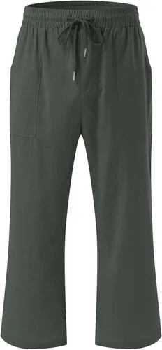 Vista 4 de SKDOGDT Pantalones de lino negro para mujer, pantalones capri casuales de verano de cintura alta, pantalones de yoga de pierna ancha con bolsillos