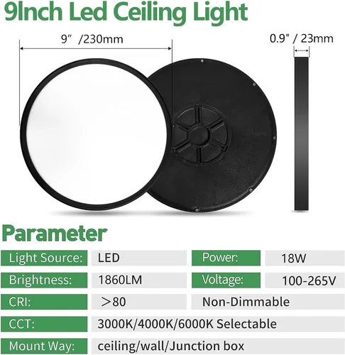 Vista 5 de 4PK - Lámpara LED de techo empotrada de 9 pulgadas, 18 W, 1860 lm, 3000 K/4000 K/6000 K CCT seleccionable, panel plano redondo de bajo perfil