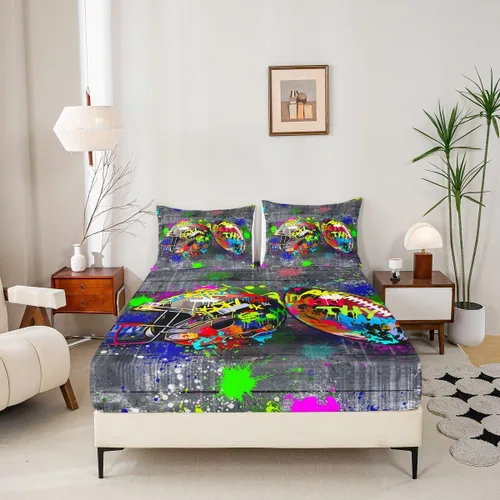 Vista 3 de Erosebridal Graffiti Rugby Ball Sheets for Boys Girls Colorful Rugby Helmet Fitted Sheet,Sports Kids Bedding Sets Football Game Bed Sets Twin 2 Piece