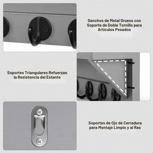 Vista 3 de Lwenki Soporte para Llaves de Pared con Estante, Estante Rústico con Ganchos Hecho de Madera de Paulownia que Sostiene Llaves, Correa de Perro Gris