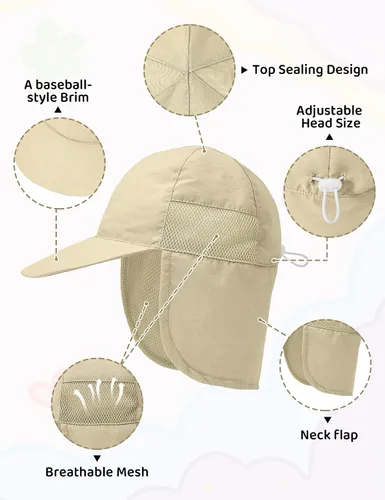 Vista 3 de Durio Sombrero de sol infantil con solapa para el cuello, protección solar UPF 50+, sombrero de verano para bebé, forro transpirable, sombrero