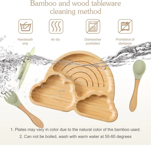 Vista 5 de let's make Juego de Platos y Cuencos de Bambú con Ventosa para Bebé y Niño Pequeño, Bandeja Dividida, Cuenco de Comida con Tenedor y Cuchara de Set