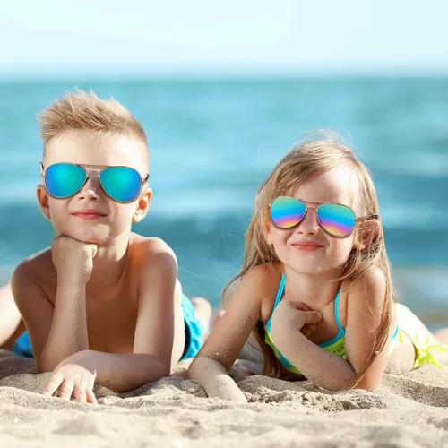 Vista 6 de 6 pares de lentes de sol de neón espejados para niños y niñas, lentes de sol polarizados con espejo de metal de los años 70 con marco de metal, gran
