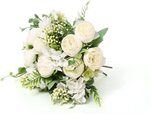 Vista 8 de Ramo de flores artificiales de seda artificial, 5 ramas, rosas pequeñas para bodas, hogar, oficina, mesas, decoración, 4 paquetes (champán)