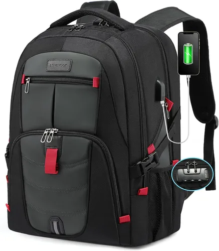 Vista 21 de Mochila grande de viaje y para laptop, es impermeable, antirrobo, con cerradura y puerto de carga USB, para negocios, hombres, mujeres, escuela